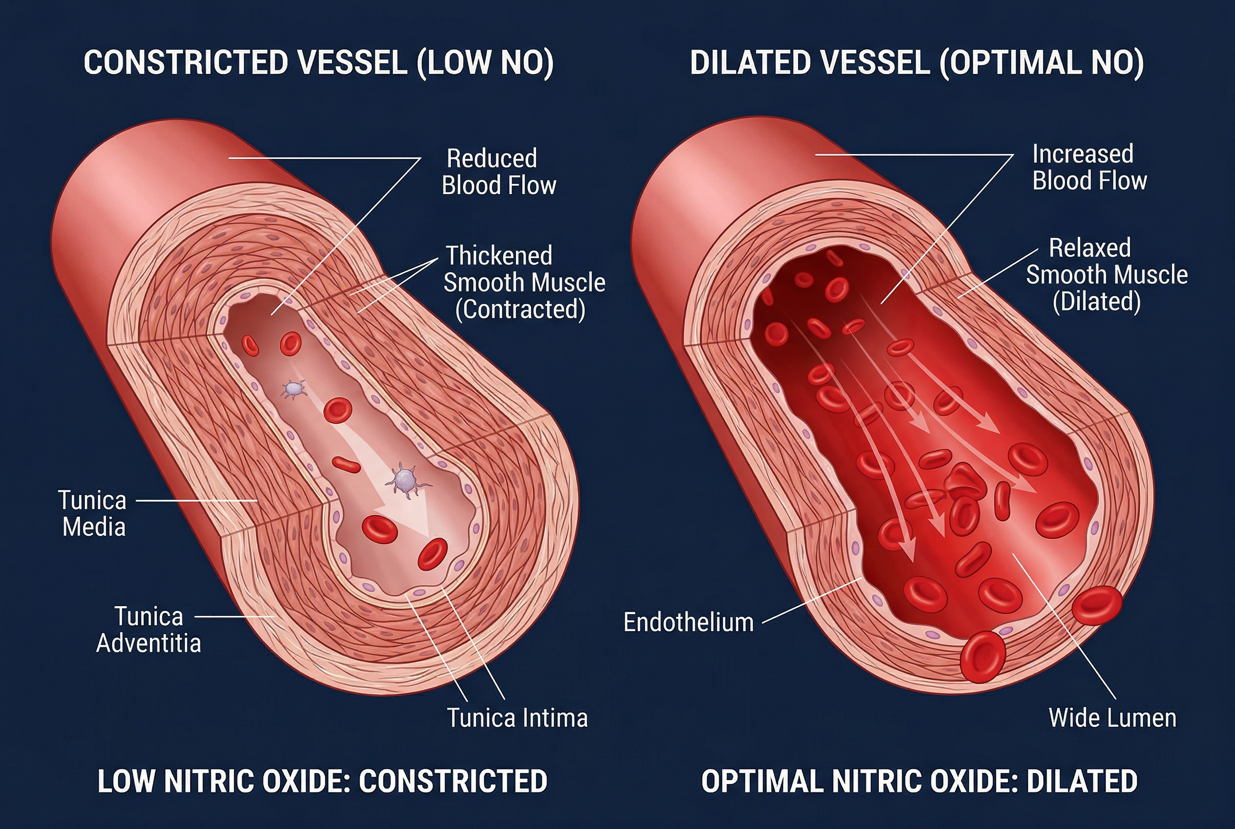 Blood vessel cross-section showing nitric oxide effect on blood flow
